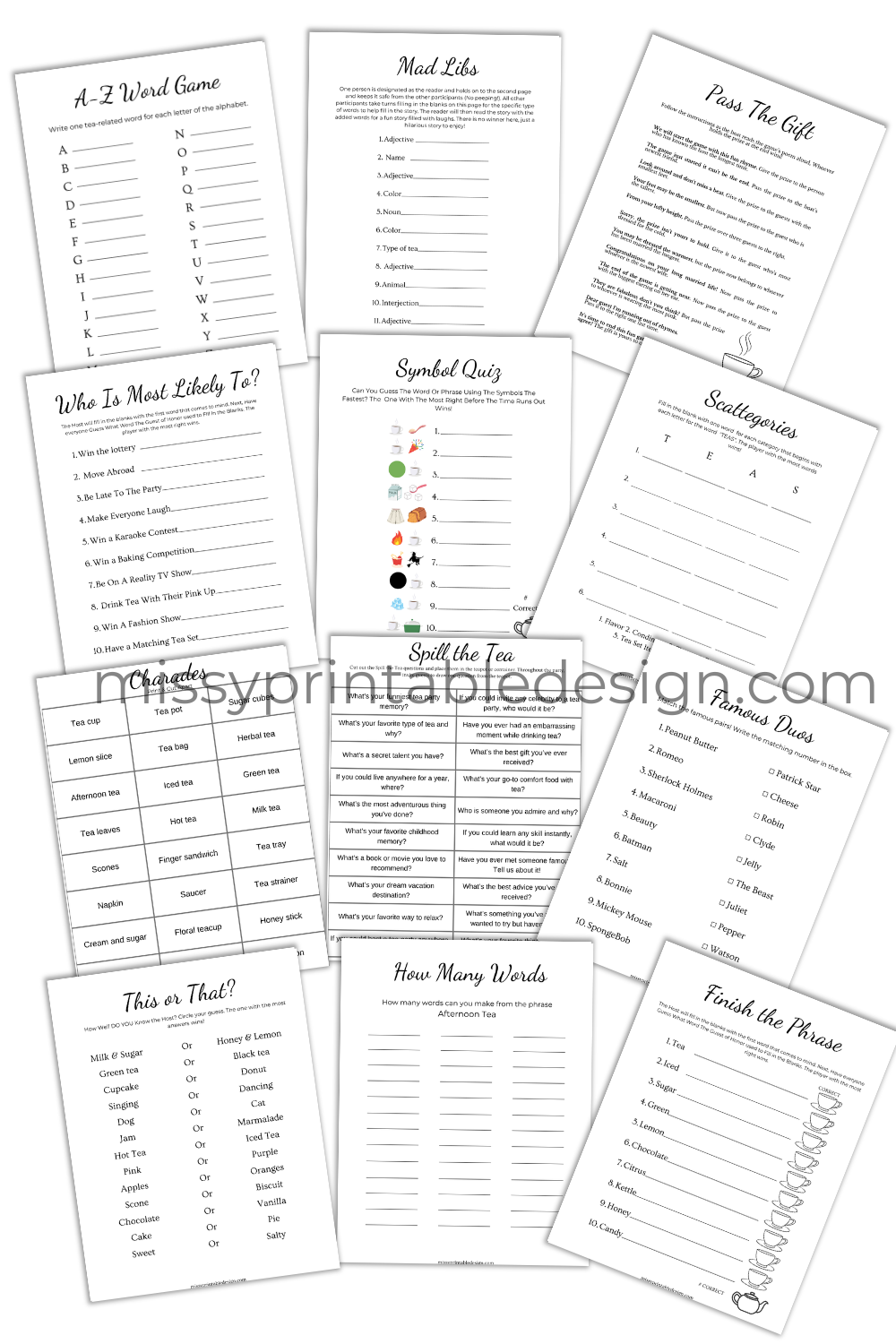 Printable Tea Party Games Minimalist