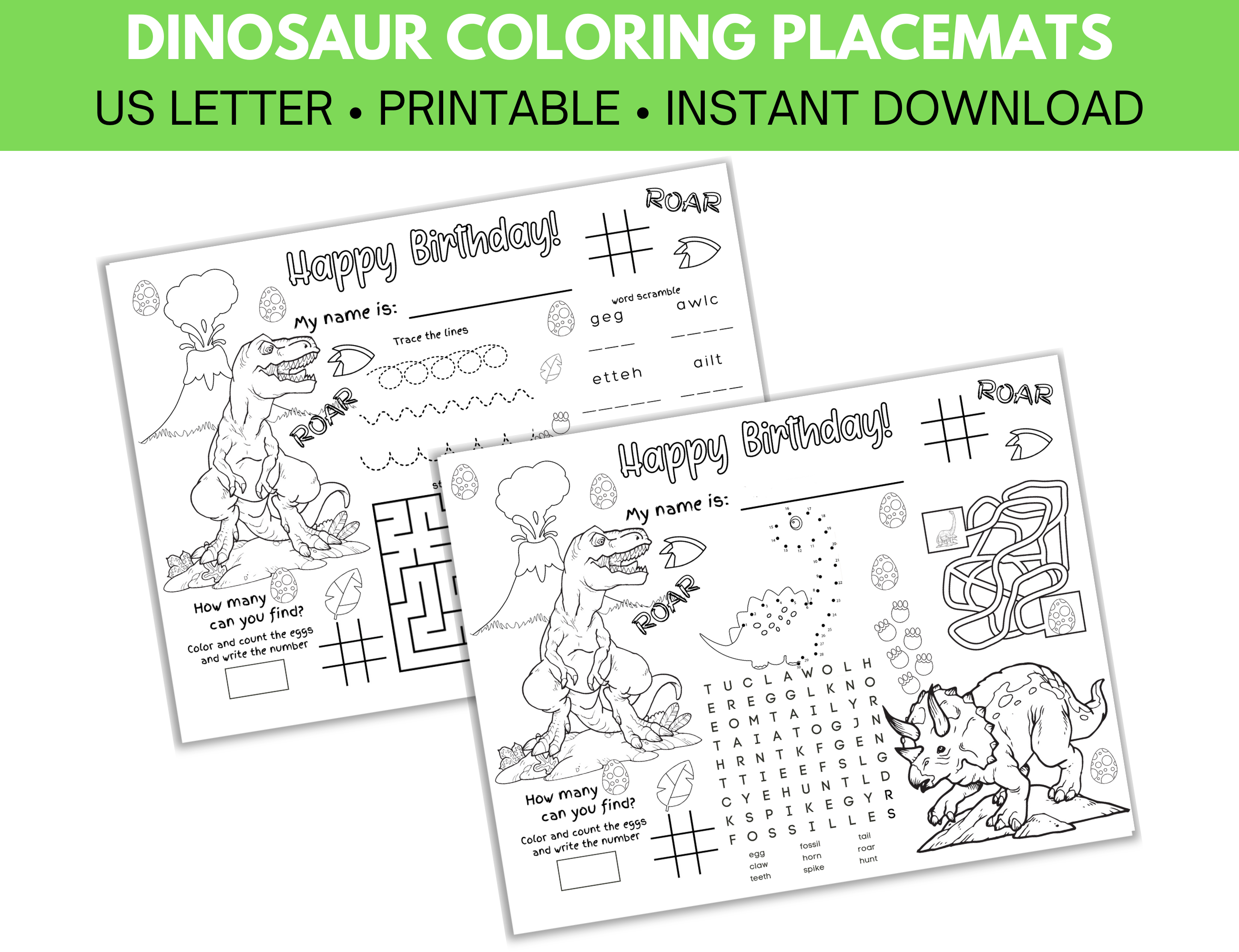 Dinosaur Party Coloring Placemats – Missy Printable Design, LLC
