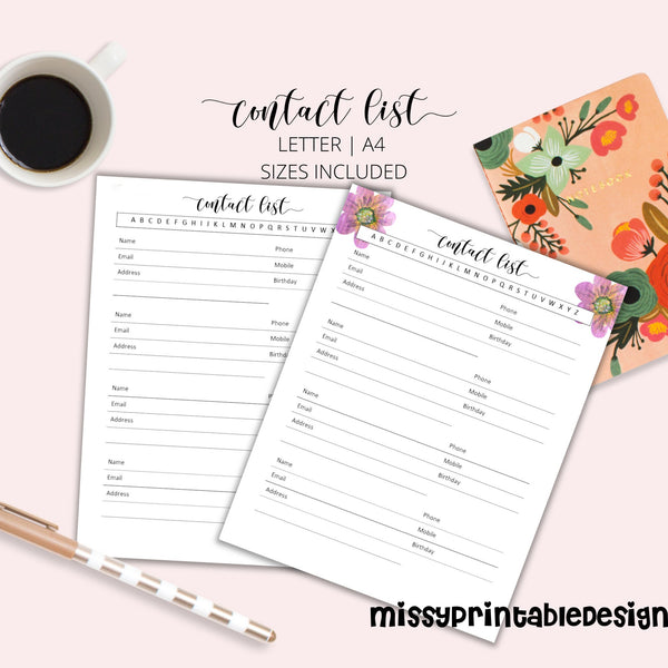 Contact List, Printable Address Book Pages, Printable planner pages, Goodnotes Planner, Organizer, A4 and Letter size, INSTANT DOWNLOAD